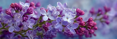 Stunning Floral Macro Image of Beautiful Purple and Lavender Lilac Flowers in Full Spring Bloomの素材