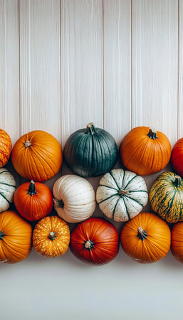 Vibrant Autumn Arrangement of Pumpkins and Gourds on White Wooden Panels for Cozy Seasonal Decorの素材