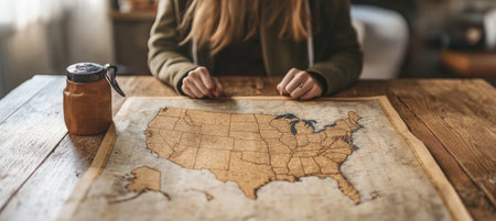 Exploring the Heart of America A Road Trip Adventure with Maps and Travel Essentials on Deskの素材