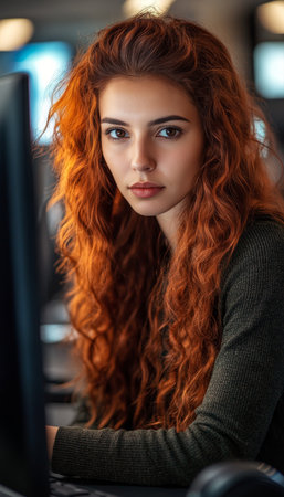 Focused Young Professional Woman with Stylish Red Hair Working Diligently at Computer Terminalの素材