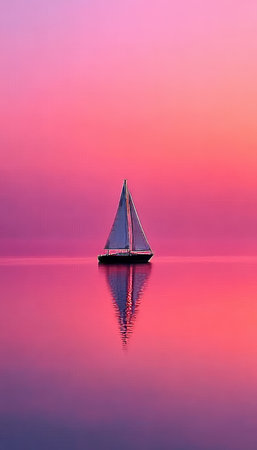 Sailboat Silhouette at Sunset, Majestic Pink Skies Over Calm Seas, Serene Voyage and Reflectionの素材