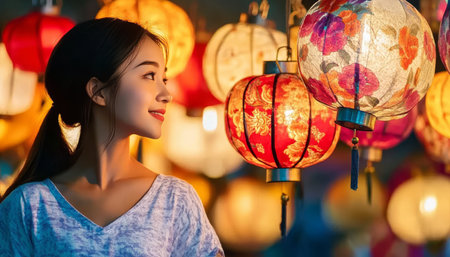 Joyful Asian Woman Admiring Colorful Chinese Lanterns During Enchanting Mid-Autumn Festival Nightの素材