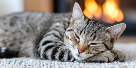 Adorable Tabby Cat Sleeping Soundly by a Cozy Fireplace, Soft Rug Beneath, Perfect Winter Sceneの素材