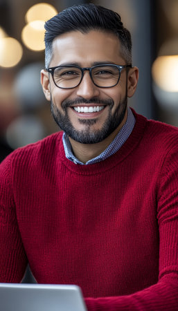 Cheerful executive manager smiles while attending an engaging remote education webinar online.の素材