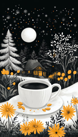 Aromatic Coffee Mug on a Snowy Winter Setting, Embracing Calmness and Warmth Under Starry Night Skyの素材