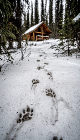 Paw Prints in Pristine Snow Lead to Cozy Log Cabin in Winter Wilderness for Adventurous Getawayの素材
