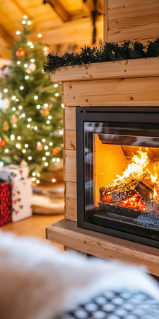 A cozy fireplace radiates a heartwarming glow, creating a joyful atmosphere for winter holidays.の素材