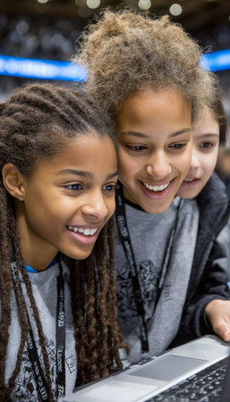 Three young girls working together on a laptop, embracing technology and fostering innovation.の素材