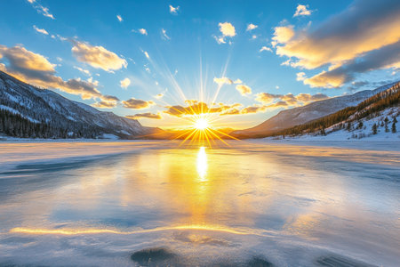 Stunning Winter Landscape with Frozen Lake and Snowy Mountains Under a Bright Sunlit Skyの素材