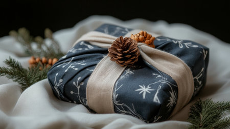 Elegant Fabric Gift Wrapping for Christmas Vintage Styled Blue Package Decorated with Pineconeの素材