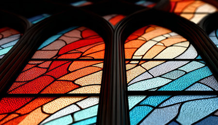 Vibrant Colorful Abstract Pattern on Arched Stained Glass Windows in Historic Cathedral Art Sceneの素材