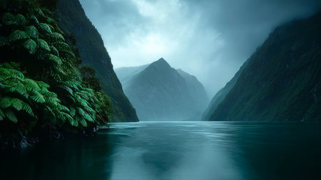 Stunning New Zealand Fjordland Tranquil Waters Reflecting Towering Mountains and Lush Greeneryの素材
