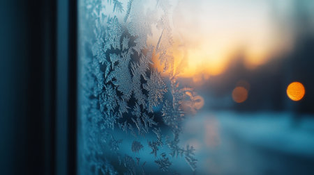 Intricate Ice Crystals on a Windowpane Create a Beautiful Winter Scene of Snowflakes and Frost.の素材