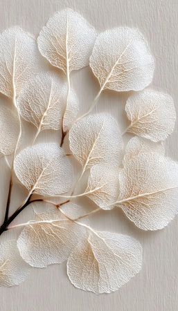 Delicate Eucalyptus Leaves on Soft Beige Background with Elegant Translucent Details and Textureの素材