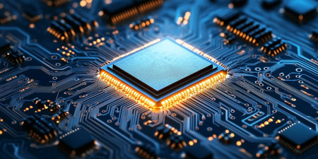Close-Up of Advanced Printed Circuit Board with Microelectronics, Showcasing Cutting-Edge Technologyの素材