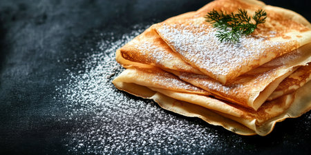 Fluffy crepes stacked high with powdered sugar and delicate sprigs, a delightful breakfast treat.の素材