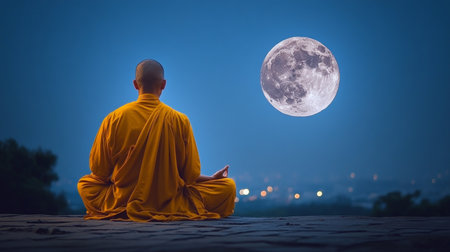 Tranquil Monk Meditating Under the Full Moon A Journey into Spiritual Serenity and Mindful Solitudeの素材