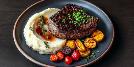 Exquisite Flank Steak Cooked to Perfection, Accompanied by Silky Mashed Potatoes on a Dark Plateの素材