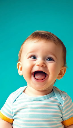 Chubby Newborn with Big Eyes Looking Upwards, Capturing Sweet Exuberance in a Bright Teal Backgroundの素材