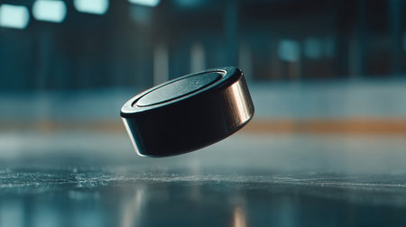 Dynamic Action-Packed Scene Featuring a Rubberized Disc Hovering Above Ice for Competitive Gamesの素材