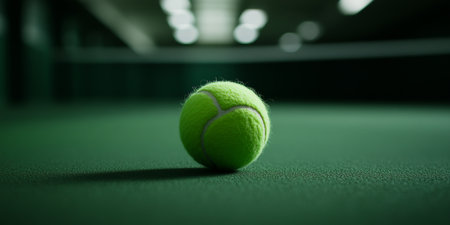 Closeup of a Neon Green Tennis Ball Positioned for Play, Ready for an Exciting Indoor Game Sessionの素材