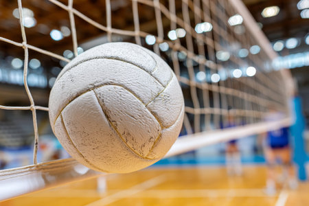 Dynamic Volleyball Match in Sports Hall Athletes Compete with Intensity, Skill, and Precisionの素材
