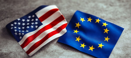 Flags of the USA and Europe Together, Symbolizing Strong Transatlantic Relations and Diplomacyの素材