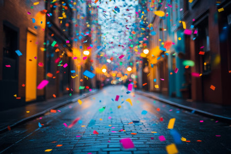 Vibrant Urban Celebration with Colorful Confetti and Bright Lights Creating a Joyful Atmosphereの素材