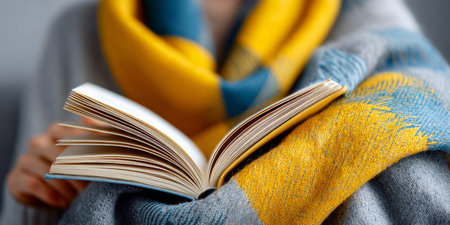 Cozy Winter Reading Person Enjoying a Book Under a Warm Knit Blanket at Home in Autumn Atmosphereの素材