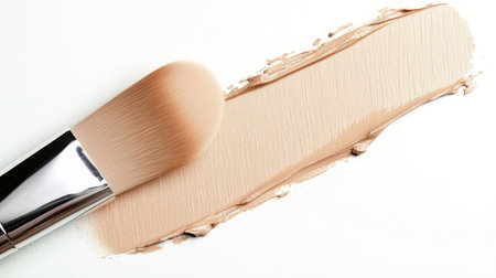 Concealer in Soft Beige Swatch with Angled Brow Brush on Clean Light Background for Makeup Displayの素材