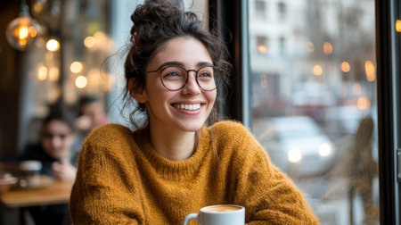 Carefree Young Woman Sipping Refreshments While Gazing Out of a Stylish City Window, Bright Lightの素材