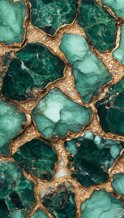 Elegant Abstract Artwork Featuring Emerald Green Shapes, Fluid Forms, and Luxurious Golden Patternsの素材