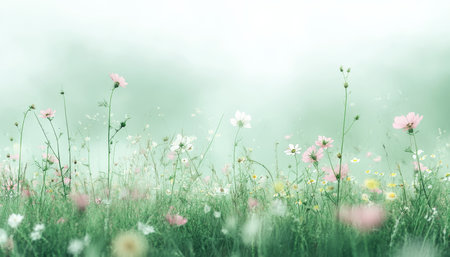 Serene Pastel Wildflower Meadow in Springtime, Evoking Tranquility and Nature s Soft Beautyの素材