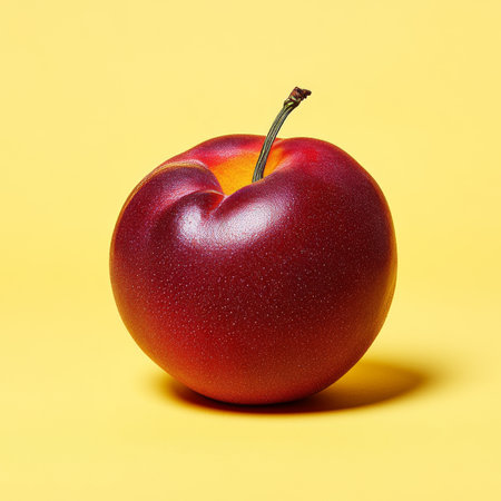 Studio Close-Up of a Fresh Ripe Nectarine Isolated on Yellow Background, Healthy and Delicious Snackの素材