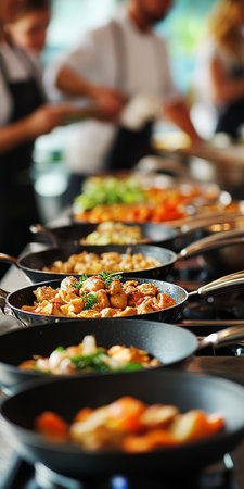 Culinary School Students Actively Engaged in Cooking Delicious Dishes Under Gourmet Chef s Guidanceの素材