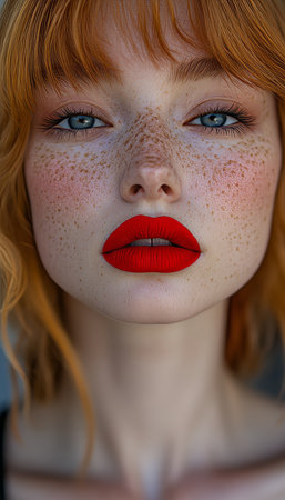 Close-Up Portrait of a Red-Haired Woman with Blue Eyes and Freckles Wearing Matte Red Lipstickの素材