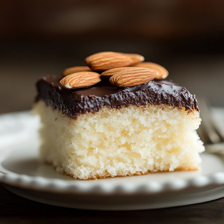 Delightful Almond Cake Slice Indulgence with Rich Icing and Almonds on a Charming White Plateの素材