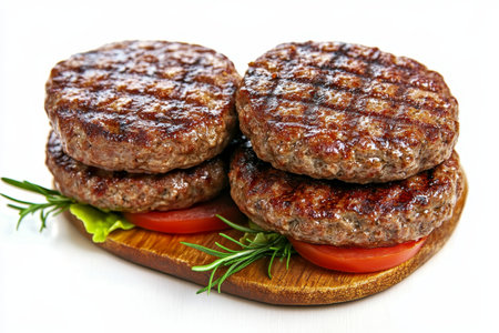 Grilled Hamburger Cutlets on White Background, Gourmet Cooking Style, Appetizing Meat Dishの素材