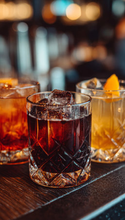 Elegant Craft Cocktails Displayed in Artistic Glassware, Showcasing Diverse Flavors and Stylesの素材