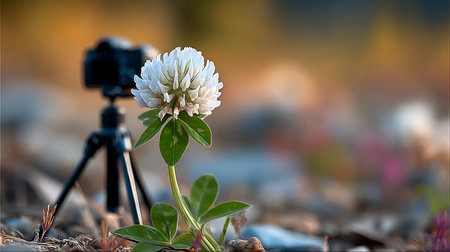 Close-Up Macro Photography of Delicate White Clover Blossom Surrounded by Vibrant Blurred Flowersの素材