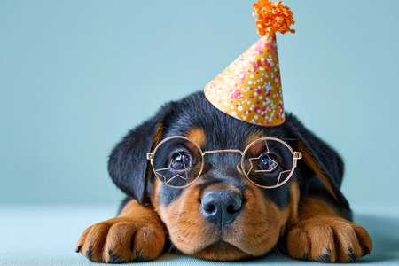 Adorable Rottweiler Puppy Celebrating with Party Hat and Star Glasses Against Light Blue Backgroundの素材