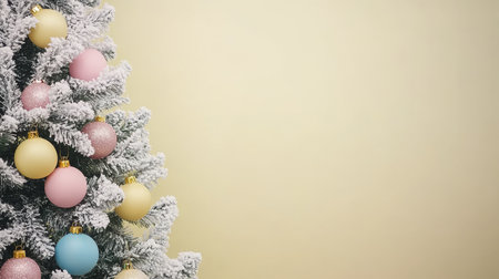 Elegant Christmas Cheer with Frosted Branches and Yellow Blue Spheres as Festive Background Decorの素材