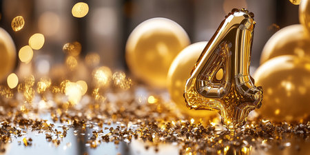 Stunning Golden Number Four Balloon Display Surrounded by Colorful Festive Balloons and Confettiの素材