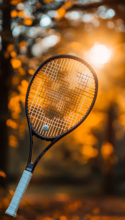 Tennis Racket Set Against a Colorful Autumn Background, Emphasizing Seasonal Sports and Recreationの素材