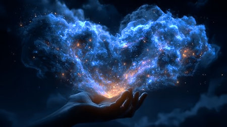 Illuminated Cosmic Heart Nebula Glowing in Hand, Enchanting Universe Light and Divine Power Journeyの素材
