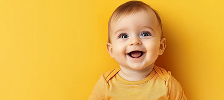Joyful Infant with a Bright Smile and Captivating Eyes, Having Fun on a Cheerful Yellow Backgroundの素材