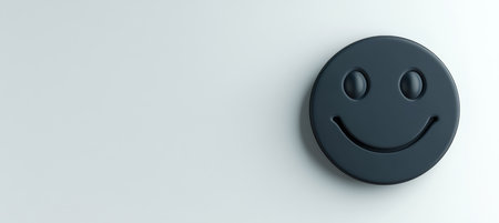 Joyful and Optimistic Dark Blue Emoticon with Big Eyes in a Minimalistic Design for Positive Outlookの素材