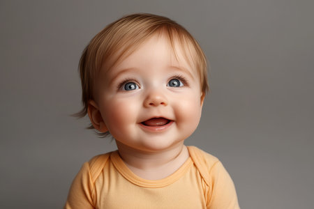 Adorable infant joyfully gazing upward with wonder against a soft grey backdrop in a studio setting.の素材