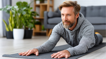Engaged Home Athlete Focuses on Core Work with Stretching Pose for Wellness in Interior Backgroundの素材