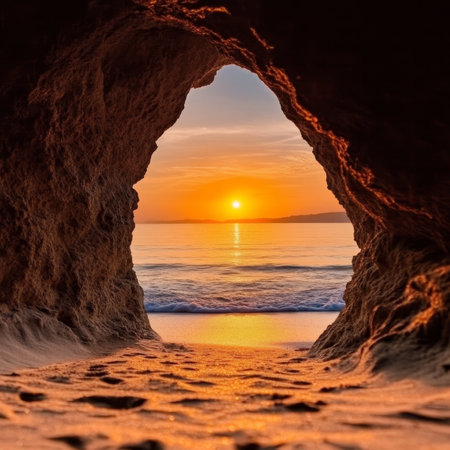 Breathtaking Coastal Sunset with Vibrant Colors and Dramatic Rock Formation Over Serene Ocean Wavesの素材